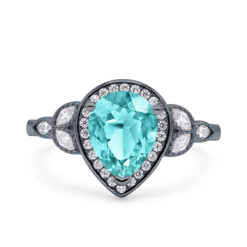 Halo Art Deco Wedding Pear Ring Black Tone, Simulated Paraiba Tourmaline CZ 925 Sterling Silver